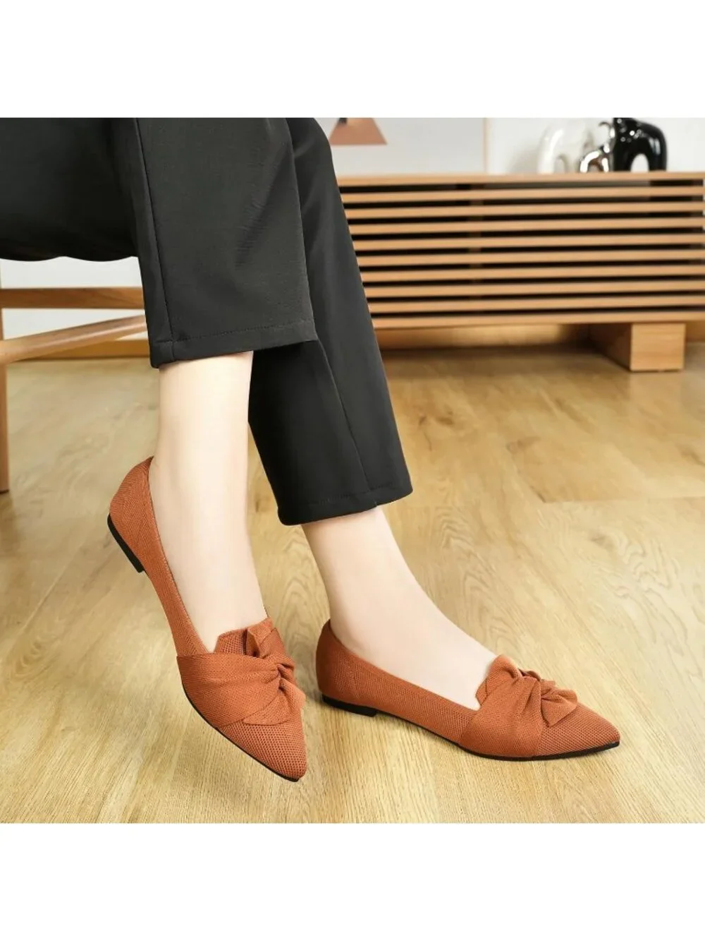 Women's Brown Pointed Toe Ballet Flats with Bow Comfortable Knit Dressy Shoes